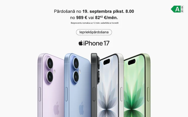 Apple iPhone 17. Iepriekšpārdošanā no 12.septembra plkst.15.00. Pieci iPhone modeļi dažādās krāsās novietoti vertikāli, redzami gan no priekšpuses, gan aizmugures.