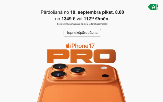 Iepriekšpārdošanā no 12.septembra plkst.15.00. Uzzini vairāk. iPhone 17 Pro. Oranžas krāsas mobilais telefons ar vairākām kamerām un Apple logo.