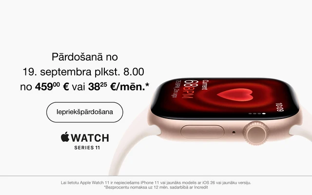 Pārdošanā no 19.septembra plkst. 8.00. No 459 eur vai 38.25 eur/mēn. Iepriekšpārdošana. Apple Watch Series 11. Viedpulkstenis ar baltu siksniņu, kura ekrāna redzama sarkans sirds simbols un sirdsdarbības ātrums 68 BPM.