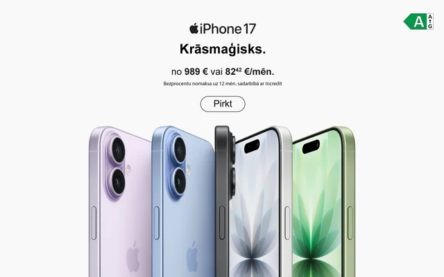 iPhone 17. Krāsmaģisks. no 989 eur vai 82.42 eur/mēn. Bezprocentu nomaksa uz 12 mēn. sadarbībā ar Incredit. Pirkt. Pieci iPhone modeļi dažādās krāsās – gaiši violets, gaiši zils, melns, balts un zaļš ar ziedu rakstu ekrānā.