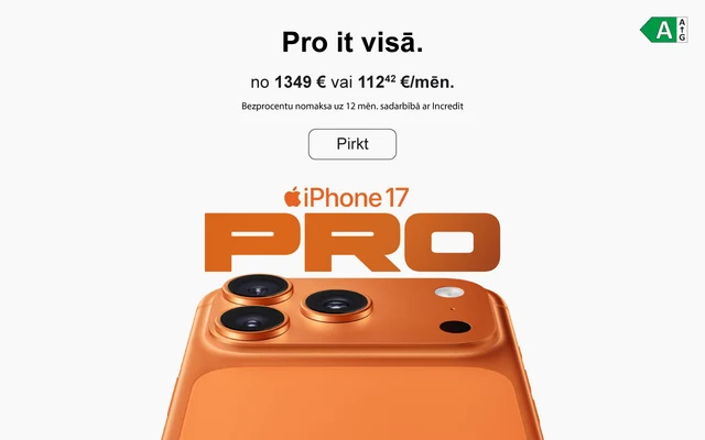 iPhoen 17 Pro. Pro it visā. no 1349 eur vai 112.42 eur/mēn. Bezprocentu nomaksa uz 12 mēn. sadarbībā ar Incredit. Pirkt. Oranža iPhone 17 Pro viedtālruņa aizmugure ar trīskāršu kameru, zibspuldzi un papildu sensoru, izceļot telefona dizainu.