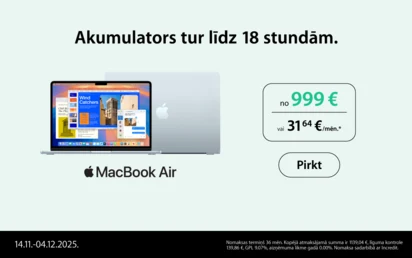 Divi pelēki Apple MacBook Air- vienam redzams ekrāns ar trīs satura logiem, otram atora vāks ar Apple logo. No 999 eur vai 31.64 eur/mēn. Pirkt. Akumulators tur līdz 18 stundām. 14.11.-04.12.2025.