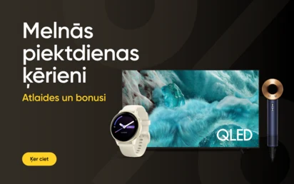 Melnās piektdienas ķērieni. Atlaides un bonusi. Ķer ciet. Pa labi gaišs Garmin viedpulkstenis, Samsung QLED televizors ar zilu attēlu uz ekrāna, tumši zils Dyson Supersonic HD07 T3/T4 matu fēns.