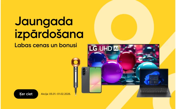 Jaungada izpārdošana. Labas cenas un bonusi. Ķer ciet. Labajā pusē pelēks Dyson matu fēns, pelēks Samsung Galaxy A56 5G mobilais telefons, LG UHD AI televizors un melns Lenovo V15 G4 portatīvais dators. Fons dzeltens ar gaiši dzeltenu % zīmi.