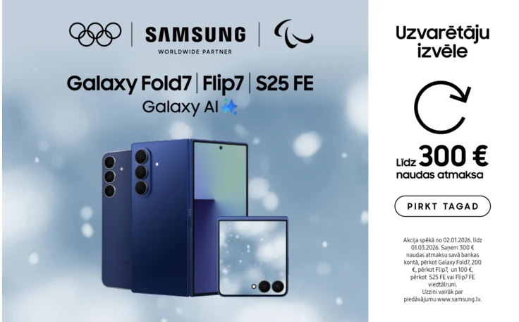 Reklāmas attēls zilas krāsas mobilajiem telefoniem - Samsung Galaxy Fold7, Flip7 un S25 FE Galaxy AI. Pirkt tagad. Uzvarētāju kombinācijas. Līdz 300 eur naudas atmaksa.