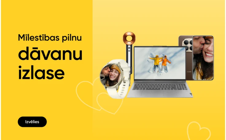 Labajā pusē Lenovo portatīvais dators ar sienā guļošiem cilvēkiem ekrānā, Dyson matu žāvētājs, Xiaomi Redmi Note 15 Pro mobilais telefons un Garmin Venu 4 viedpulkstenis ar cilvēku sejām ekrānos. Labajā pusē teksts "Mīlestības pilnu dāvanu izlase".