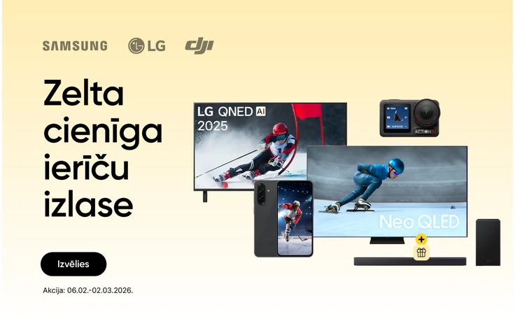 Zelta cienīga ierīcu izlase. Izvēlies. Akcija: 06.02.-02.03.2026.  Labajā pusē LG QNED AI un Samsung Neo QLED telvizori, melns soundbar, melns Samsung Galaxy A36 5G mobilais telefons un DJI Osmo Action 5 Pro Adeventure Combo kamera.  Fons dzeltens.