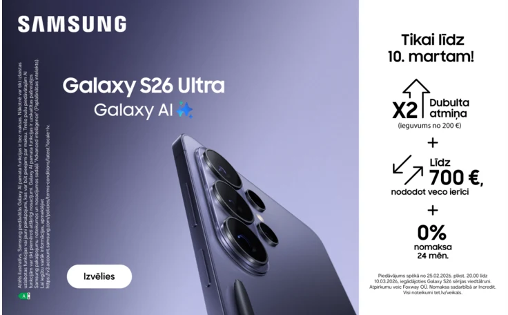 Violets Samsung Galaxy S26 Ultra Galaxy AI mobilais telefons ar S Pen. Tekstā izcelts — Tikai līdz 10.martam! Dubulta atmiņa, līdz 700 € atlaide, nododot veco ierīci, un 0 % nomaksa 24 mēnešiem.