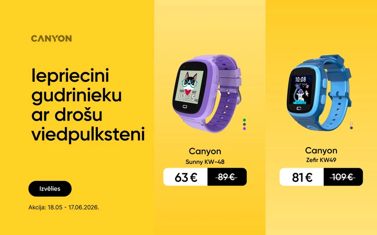 Canyon bērnu viedpulksteņu reklāma "Iepriecini gudrnieku ar drošu viedpulksteni"; violets Canyon Sunny KW‑48 pulkstenis par 63 € samazinātu no 89 €un zils Canyon Zeff KW49 pulkstenis par 81 € samazinātu no 109 €.