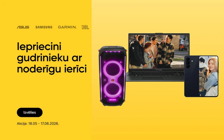 Reklāmas ar tekstu "Iepriecini gudrnieku ar noderīgu ierīci"; centrā JBL PartyBox 710 portatīvais skaļrunis ar violetu LED apgaismojumu, lcentrā ASUS Vivobook portatīvais dators ar vairākiem cilvēkiem ekrānā, pa labi Samsung Galaxy A57 viedtelefons.