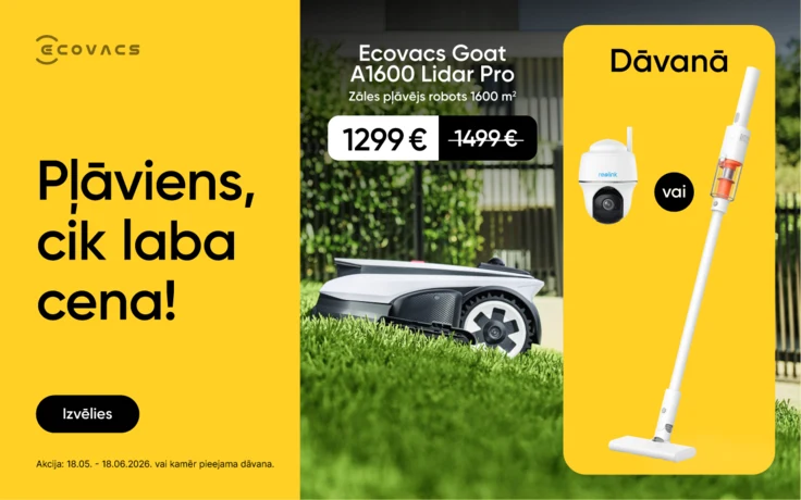 Ecovacs reklāma ar tekstu - Pļāviens, cik laba cena! Izvēlies. Attēla Ecovacs Goat A1600 Lidar Pro zāles pļāvējs robots zālienā, fonā koki. Pļaušanas platība 1600 2m, cena 1499 €.
