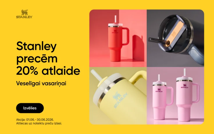 Stanley produktu reklāma "Stanley precēm 20% atlaide. Veselīgai vasarai"; labajā pusē četru Stanley termo krūžu kolāža — sarkana krūze ar rokturi un salmiņu, tumšas krūzes vāka tuvplāns ar salmiņu, gaiši dzeltena krūze un divas rozā krūzes ar rokturiem.