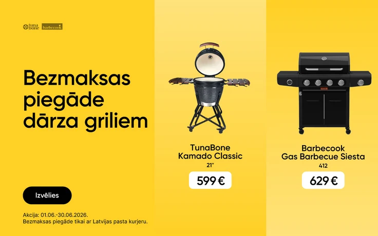 Dārza grilu reklāma ar tekstu "Bezmaksas piegāde dārza griliem"; centrā TunaBone Kamado Classic 21 collu keramikas grils ar atvērtu vāku un sānu plauktiem par 599 €, labajā pusē Barbecook Gas Barbecue Siesta 412 gāzes grils ar četriem degļiem par 629 €.