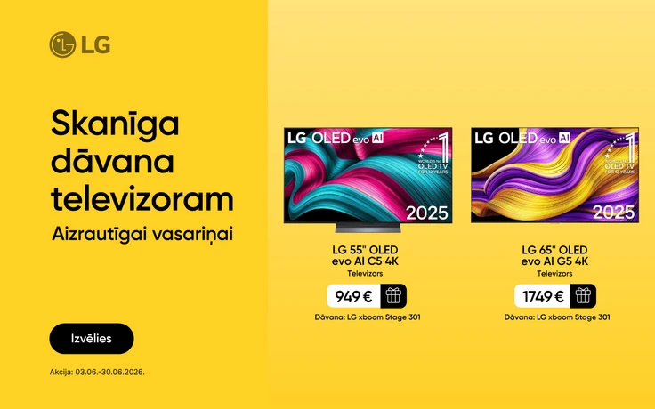 LG OLED televizoru reklāma -"Skanīga dāvana televizoram. Aizrautīgai vasarai"; labajā pusē divi televizori — LG 55" OLED evo AI C5 4K ar cenu 949 € un LG 65" OLED evo AI G5 4K ar cenu 1749 €; zem katra produkta piedāvājums "Dāvana: LG xboom Stage 301".