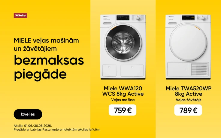 Miele sadzīves tehnikas reklāma "MIELE veļas mašīnām un žāvētājiem bezmaksas piegāde"; centrā balta Miele WWA120 WCS 8 kg Active veļas mašīna ar priekšējo ielādi un cenu 759 €,  labajā pusē balts Miele TWA520WP 8 kg Active veļas žāvētājs un cenu 789 €.