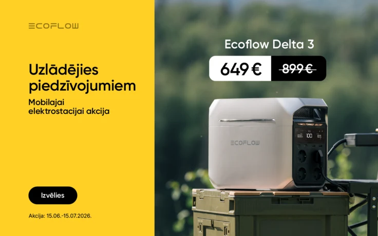 EcoFlow Delta 3 portatīvās elektrostacijas reklāma - "Uzlādējies piedzīvojumiem. Mobilajai elektrostacijai akcija"; pa labi pelēka EcoFlow Delta 3 elektrostacija ar digitālu displeju un vairākām kontaktligzdām; virs ierīces "Ecoflow Delta 3", cena 649 €.