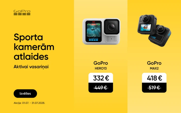GoPro sporta kameru reklāma ar tekstu "Sporta kamerām atlaides. Aktīvai vasariņai". Centrā GoPro HERO13 kamera ar lielu objektīvu un priekšējo displeju, cena 332 €. Labajā pusē GoPro MAX2 360° kamera ar diviem objektīviem un priekšējo ekrānu, cena 418 €.