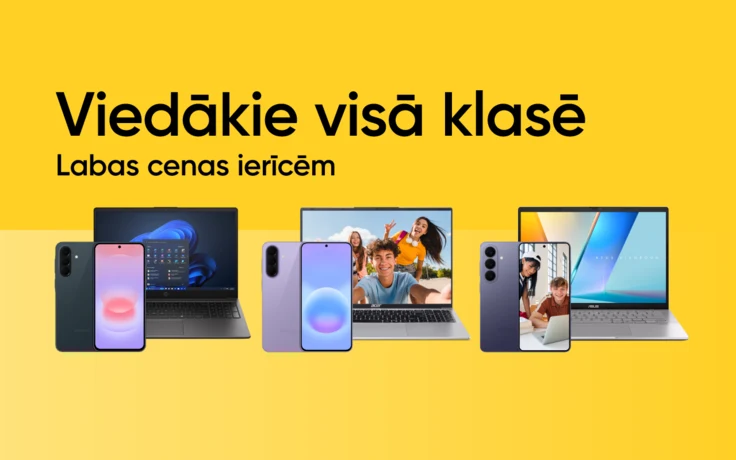 Mobilie telefoni un portatīvie datori skolai, studijām un darbam par izdevīgām cenām. Reklāmas baneris ar Samsung viedtālruņiem un portatīvie datori uz dzeltena fona.