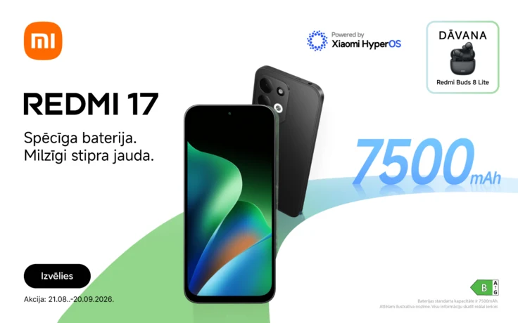 Xiaomi Redmi 17 telefons ar 7500 mAh akumulatoru un Xiaomi HyperOS operētājsistēmu. Pērkot ierīci, dāvanā Redmi Buds 8 Lite bezvadu austiņas.