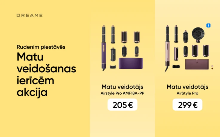 Dreame matu veidošanas ierīču rudens akcija. Dreame Airstyle Pro AMF18A-PP matu veidotājs par 205 € un Dreame AirStyle Pro matu veidotājs par 299 € ar dažādiem matu veidošanas uzgaļiem.