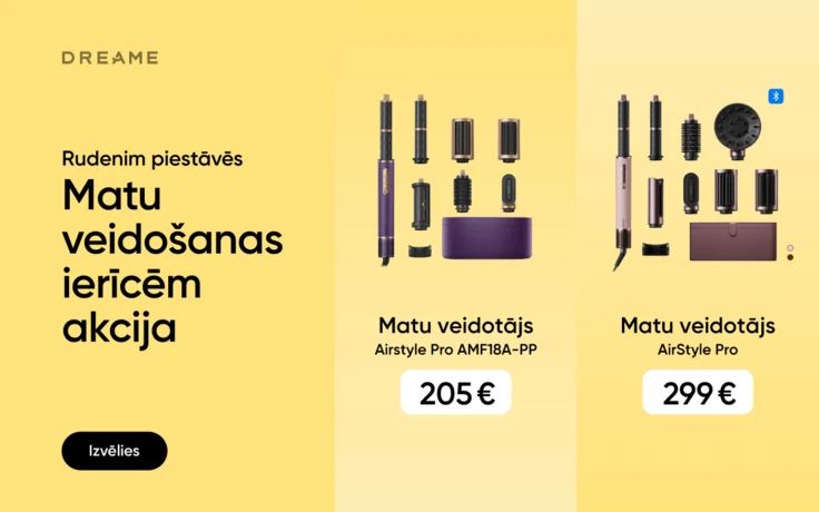 Dreame matu veidošanas ierīču rudens akcija. Dreame Airstyle Pro AMF18A-PP matu veidotājs par 205 € un Dreame AirStyle Pro matu veidotājs par 299 € ar dažādiem matu veidošanas uzgaļiem.