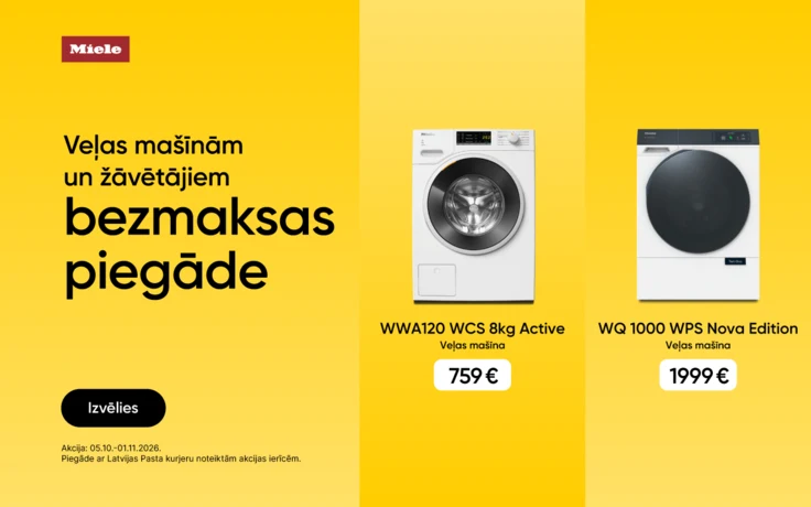 Miele veļas mašīnas un žāvētāji ar bezmaksas piegādi. Akcijas piedāvājumi Miele WWA120 WCS Active 8 kg par 469 € un Miele WQ 1000 WPS Nova Edition par 1999 €.