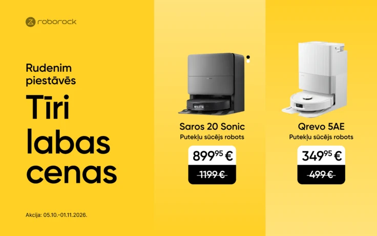 Roborock Saros 20 Sonic robots putekļsūcējs par 899,95 € un Qrevo 5AE par 349,95 €. Rudens akcija no 2026. gada 5. oktobra līdz 1. novembrim.
