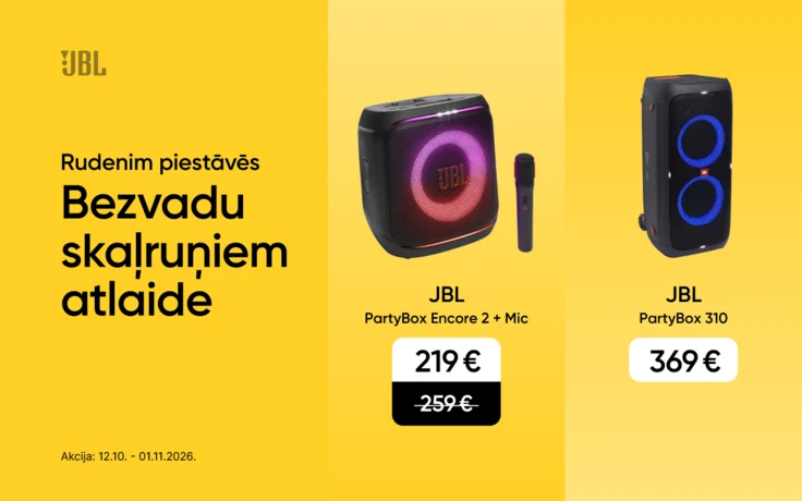 JBL PartyBox bezvadu skaļruņu piedāvājums no 12.10. līdz 01.11.2026.: Encore 2 ar mikrofonu par 219 €, 310 par 369 € un 710 par 449 €.