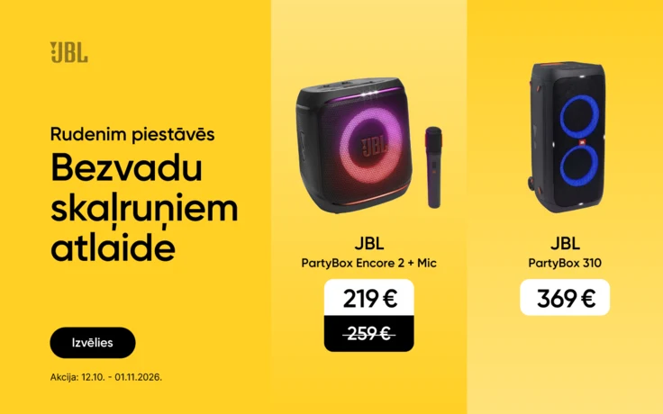 JBL PartyBox bezvadu skaļruņu piedāvājums no 12.10. līdz 01.11.2026.: Encore 2 ar mikrofonu par 219 €, 310 par 369 € un 710 par 449 €.