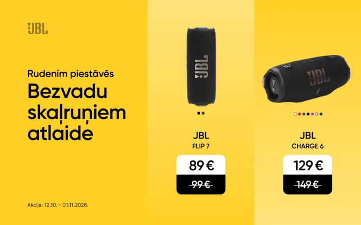JBL FLIP 7, CHARGE 6 un EXTREME 4 skaļruņi uz dzeltena fona ar vertikālām krāsu joslām; akcijas cenas — attiecīgi 89 €, 129 € un 199 €.