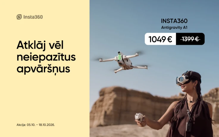 Insta360 Antigravity A1 drons par 1049 € iepriekšējo 1399 € vietā. Akcija no 2026. gada 5. līdz 18. oktobrim.