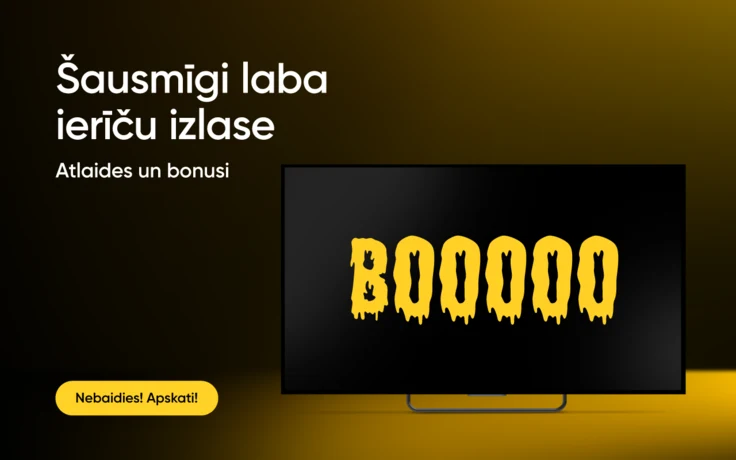 Šausmīgi laba ierīču izlase — atlaides un bonusi uz melni dzeltena fona ar televizoru.