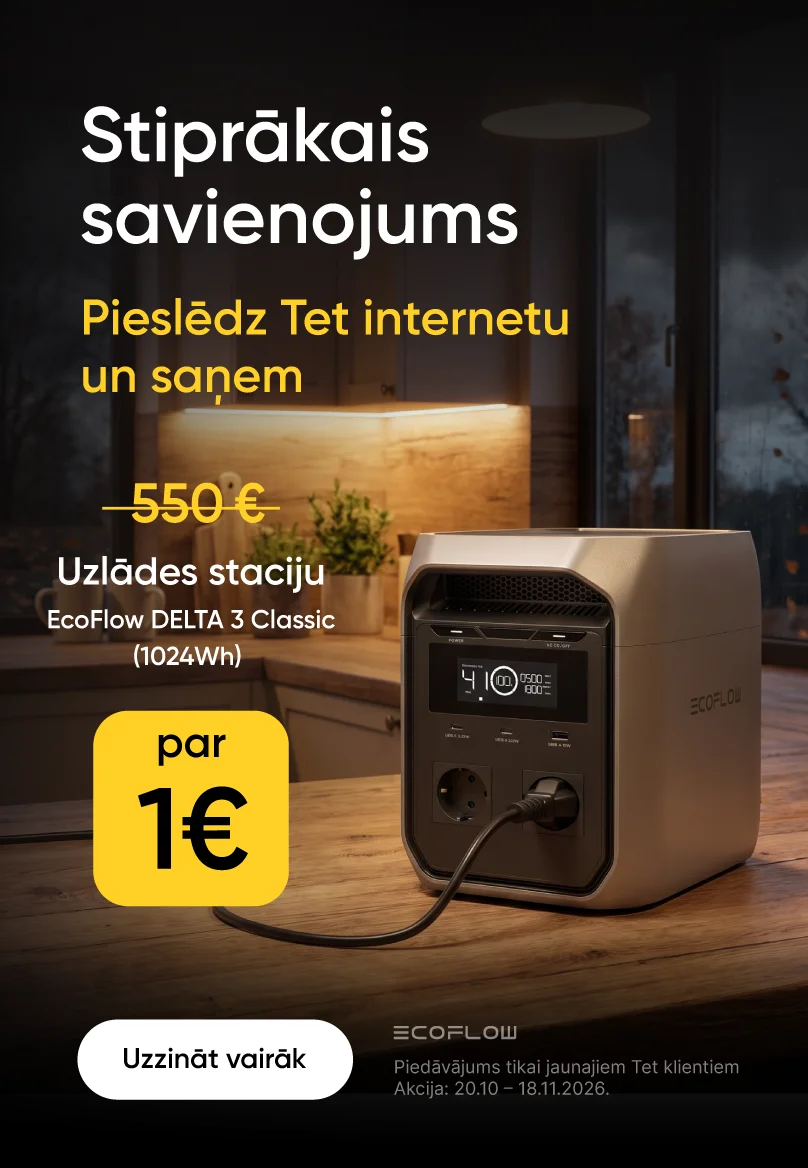 Pieslēdz Tet internetu un saņem EcoFlow DELTA 3 Classic uzlādes staciju par 1 €. Ierīces uz silti izgaismotas virtuves fona. Piedāvājums tikai jaunajiem Tet klientiem.