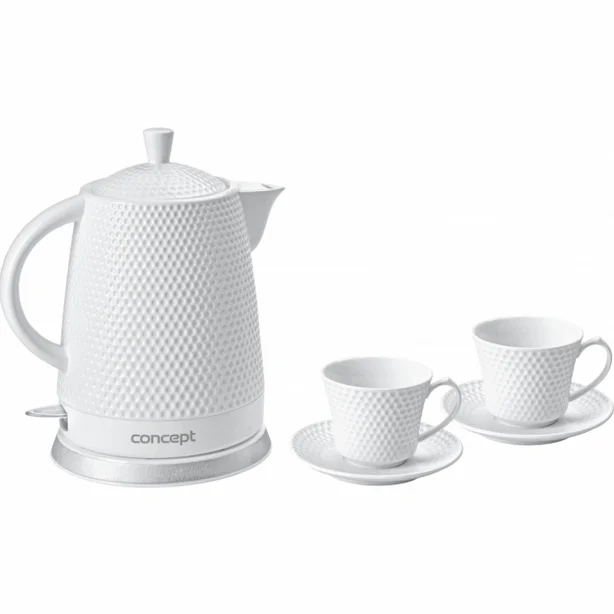 CONCEPT Keramik-Wasserkocher 1,5 L Mit 2 Tassen – 2200W, Weiß, 360° Drehbar