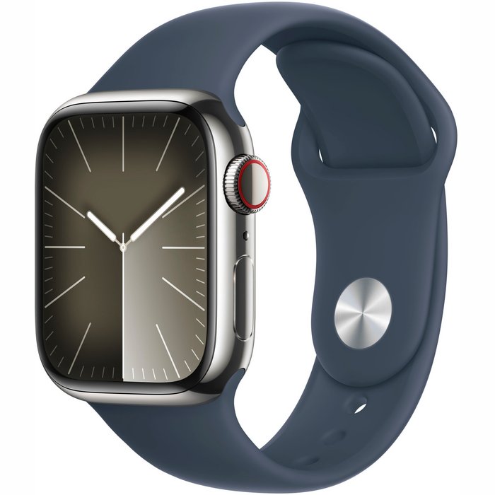 Viedpulkstenis Apple Watch Series 9 GPS + Cellular 41mm Silver Stainless Steel Case with Storm Blue Sport Band -M/L