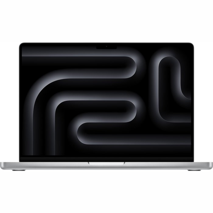 Apple MacBook portatīvais dators sudrabotā krāsā atvērtā stāvoklī uz gaiša fona; ekrānā tumšs abstrakts dizains ar plūstošām, cauruļveida formām pelēkos toņos, displeja mala ar centrā izvietotu kameras izgriezumu un skārienpaliktņa zona zem klaviatūras..