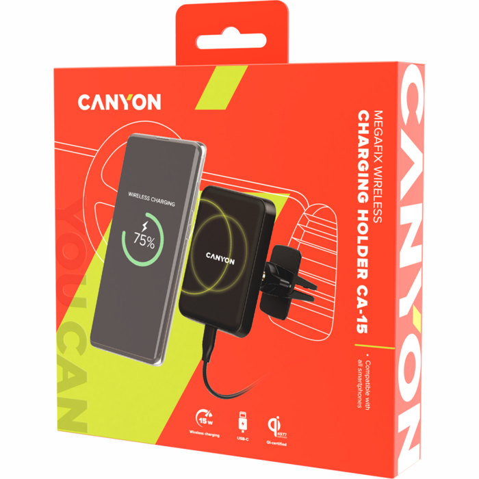 Viedtālruņa auto turētājs Canyon CNE-CCA15B MegaFix USB type C 15 W