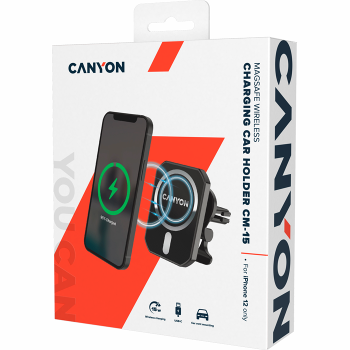 Viedtālruņa auto turētājs Canyon CNE-CCA15B01 Magnetic USB type C 15 W