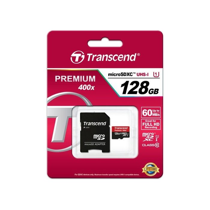 Atmiņas karte Transcend microSDXC, 128GB, Class 10 + SD Adapter
