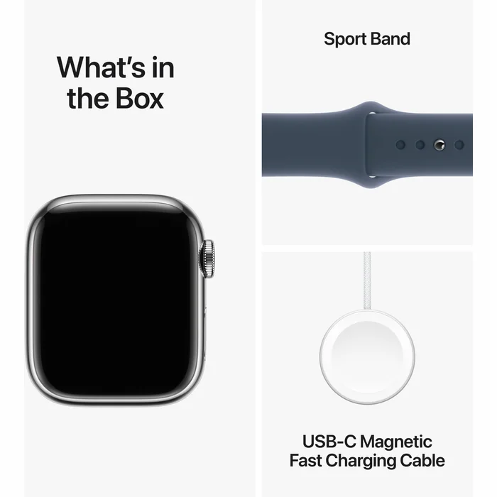 Viedpulkstenis Apple Watch Series 9 GPS + Cellular 41mm Silver Stainless Steel Case with Storm Blue Sport Band -M/L