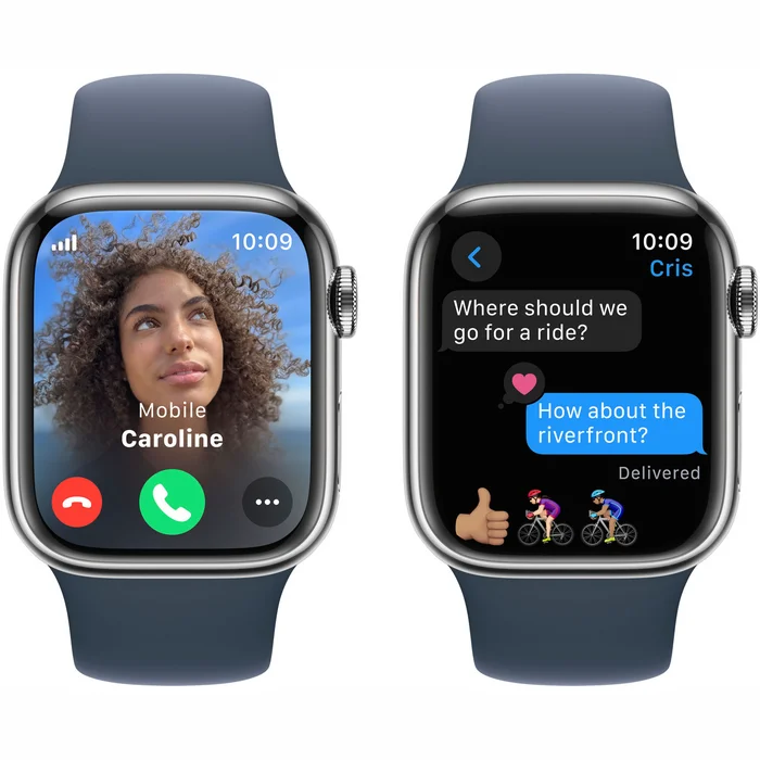 Viedpulkstenis Apple Watch Series 9 GPS + Cellular 41mm Silver Stainless Steel Case with Storm Blue Sport Band -M/L