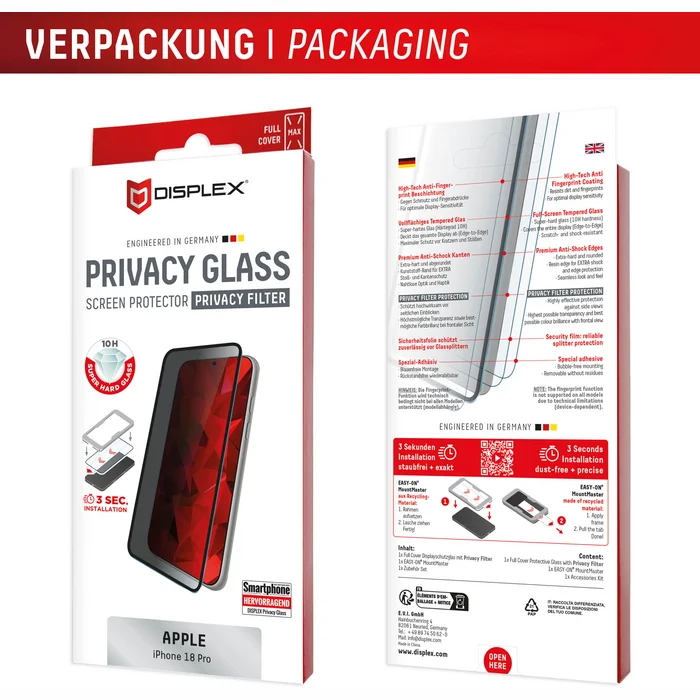 Apple iPhone 18 Pro Privacy Screen Glass by Displex