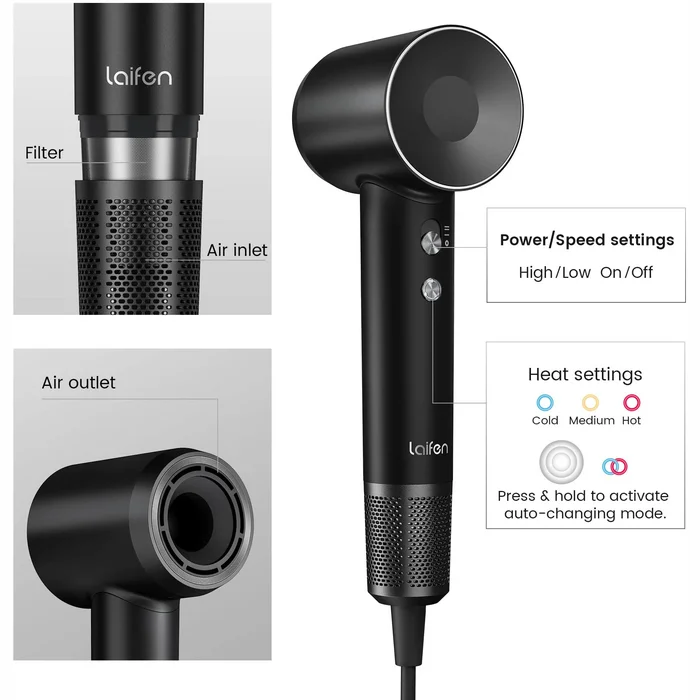 Fēns Laifen Swift Special High Speed Hair Dryer (3 Nozzles) Matte Black