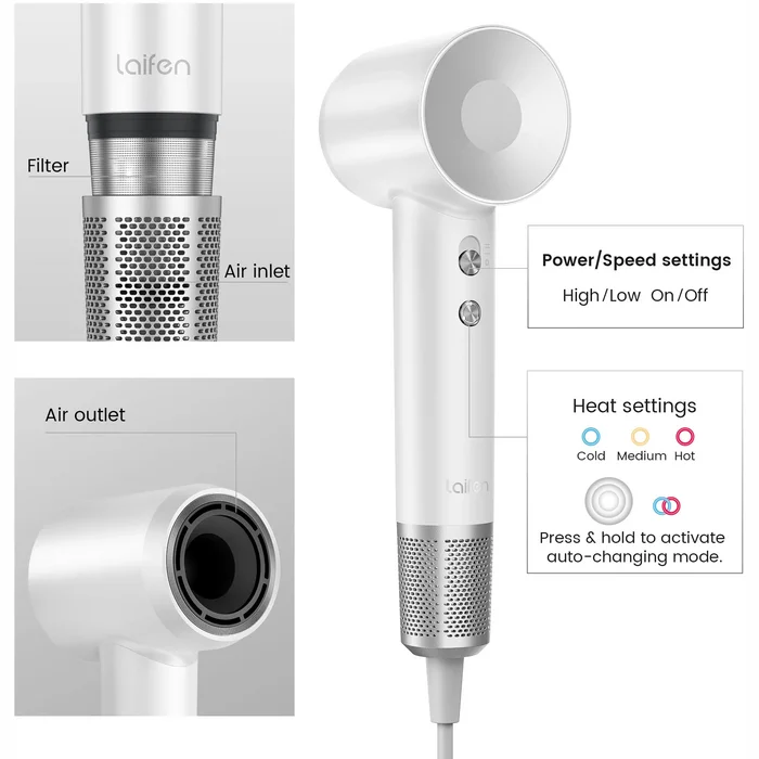 Fēns Laifen Swift Special High Speed Hair Dryer (3 Nozzles) Pearl White