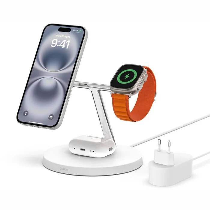 Belkin BoostCharge Pro 3-in-1 Wireless Charging Stand + AC Power Adapter White