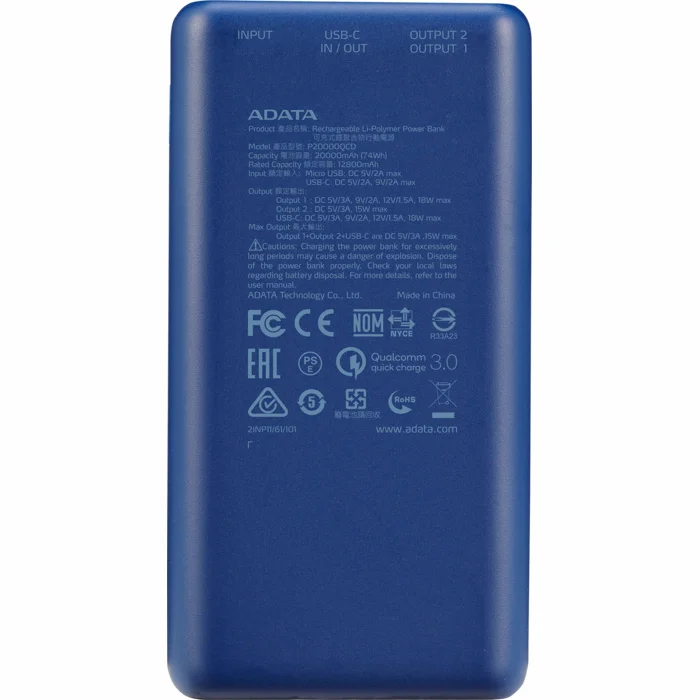 Akumulators (Power bank) Adata P20000QCD 20000mAh Blue