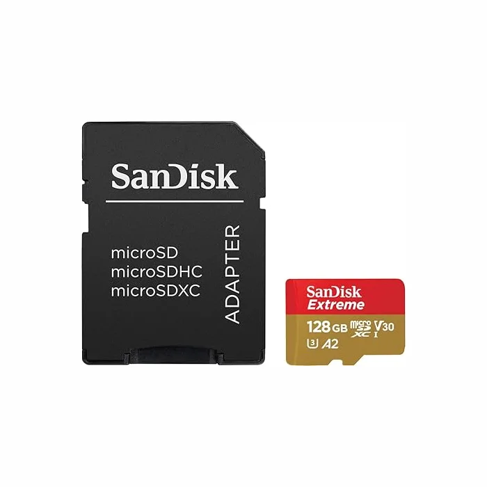 SanDisk Extreme microSDXC 128GB + SD Adapteris RED / BROWN