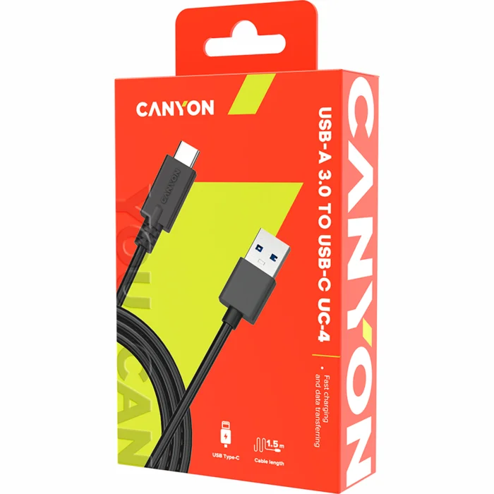 Lādētāji, kabeļi un adapteri Canyon USB-A 3.0 to USB-C Black 1.5m