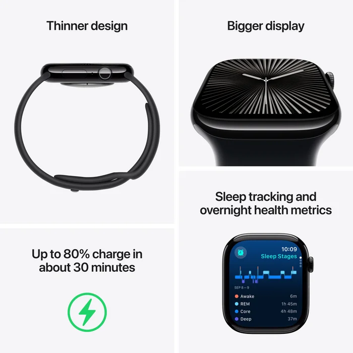 Viedpulkstenis Apple Watch Series 10 GPS 42mm Jet Black Aluminium Case with Black Sport Band - S/M