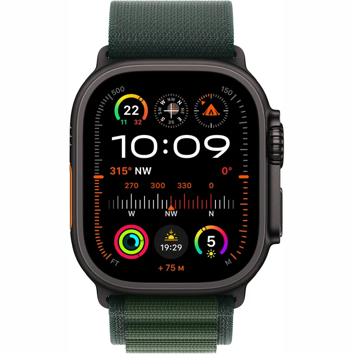 Viedpulkstenis Apple Watch Ultra 2 GPS + Cellular 49mm Black Titanium Case with Dark Green Alpine Loop - Large